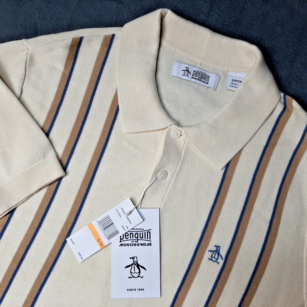 NEW Penguin Polo Shirt Mens Small Brown Tan Retro Musingwear Bowling Stripes $98